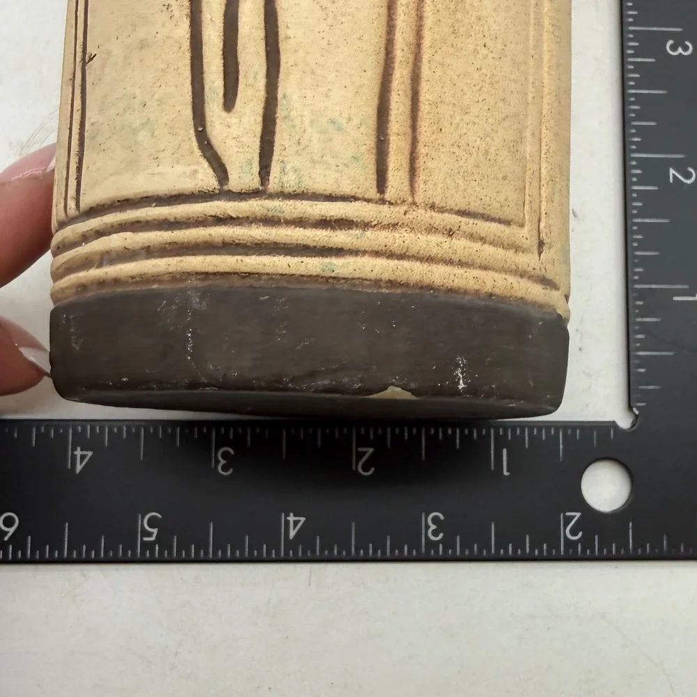 Vintage Studio Pottery Floral Relief Stoneware Cylinder Vase Beige Brown 7.5in
